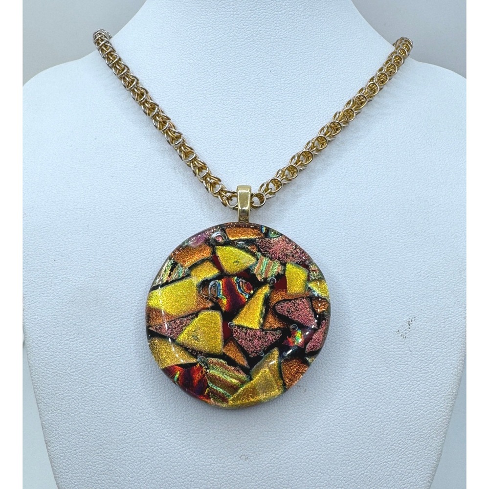 Artisan Dichroic Glass Mosaic Pendant Necklace Gold Byzantine Chain Boho Art
